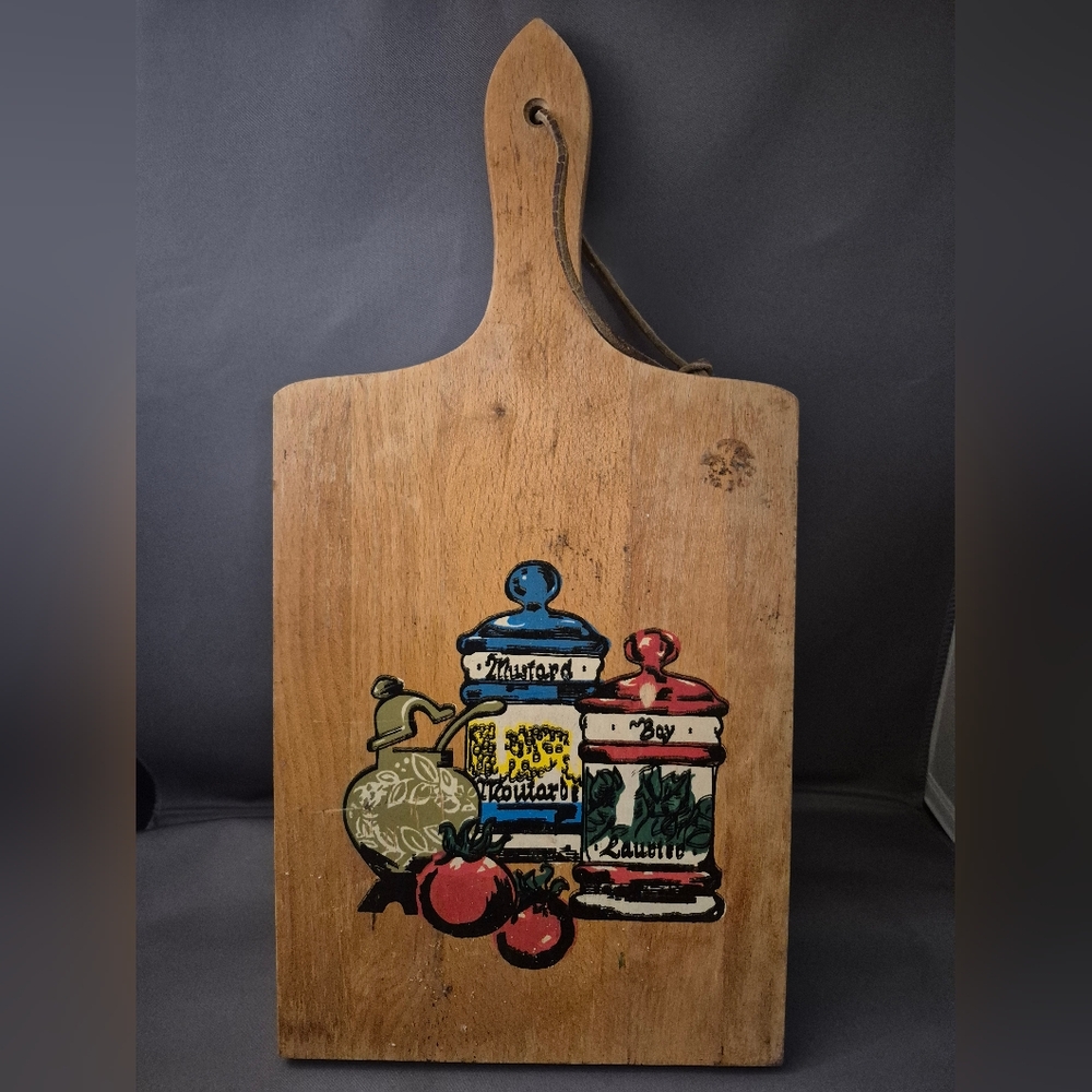 Handcrafted Wooden Cutting Board with Colorful Jar Design Vintage